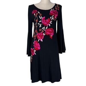 Vintage Collection Black Bell Sleeve Dress Beaded Embroidered Floral Boho XS
